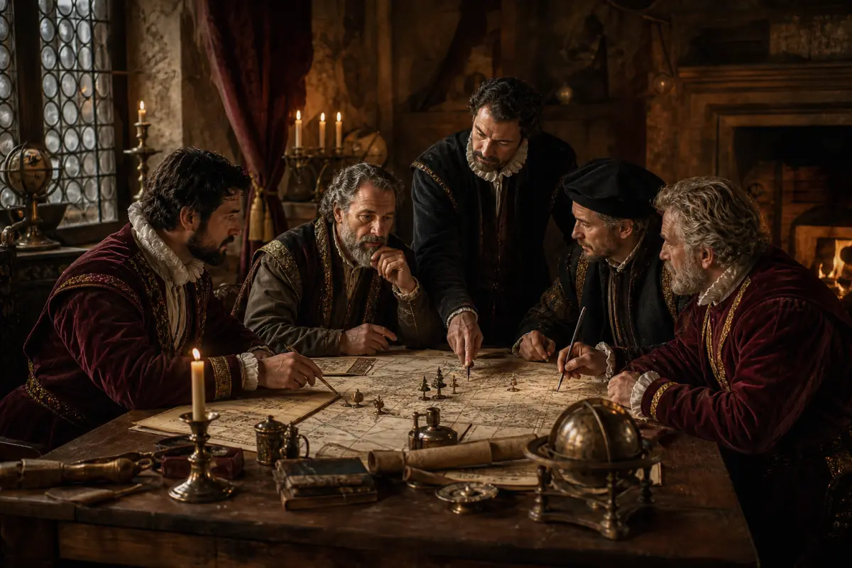 Renaissance merchants conferring over a table of charts and instruments