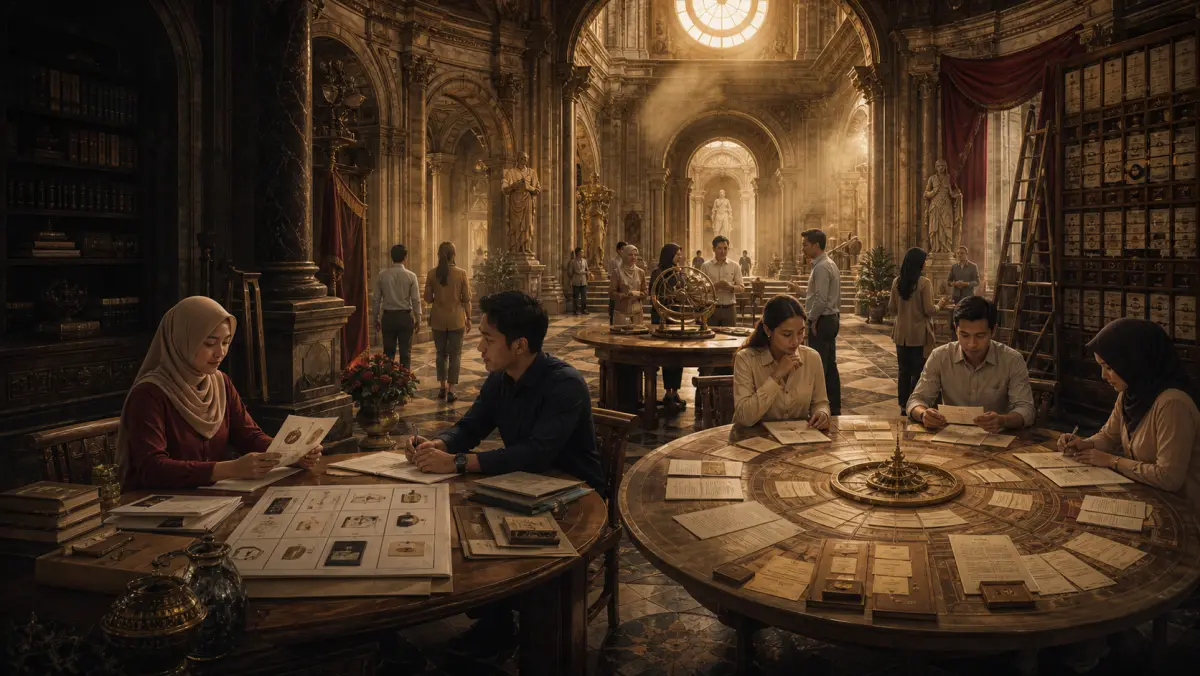 A Renaissance reading room, people working at round tables covered in papers and charts