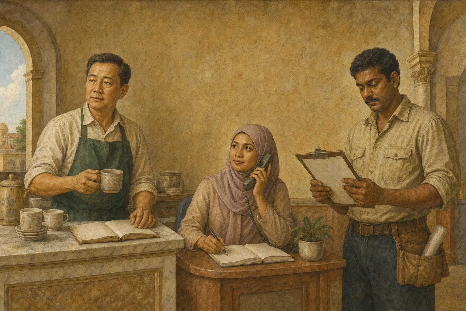 A fresco of three Malaysian business owners at work: a kopitiam owner at his counter, a clinic receptionist on the phone with an appointment book, and a contractor reading a quotation on a clipboard