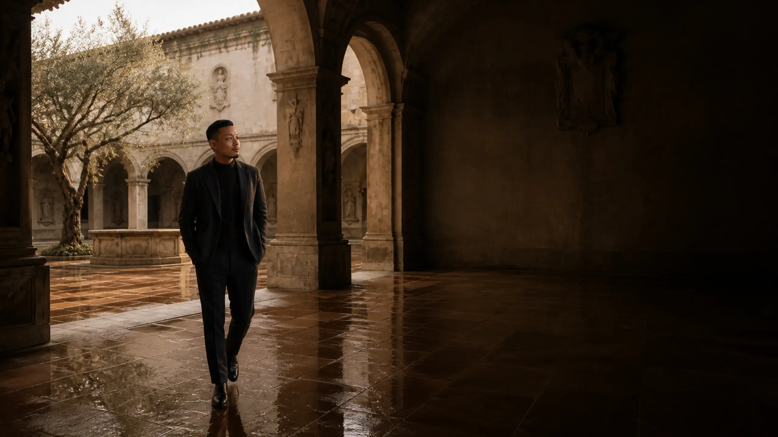 Dainer walking through a stone cloister