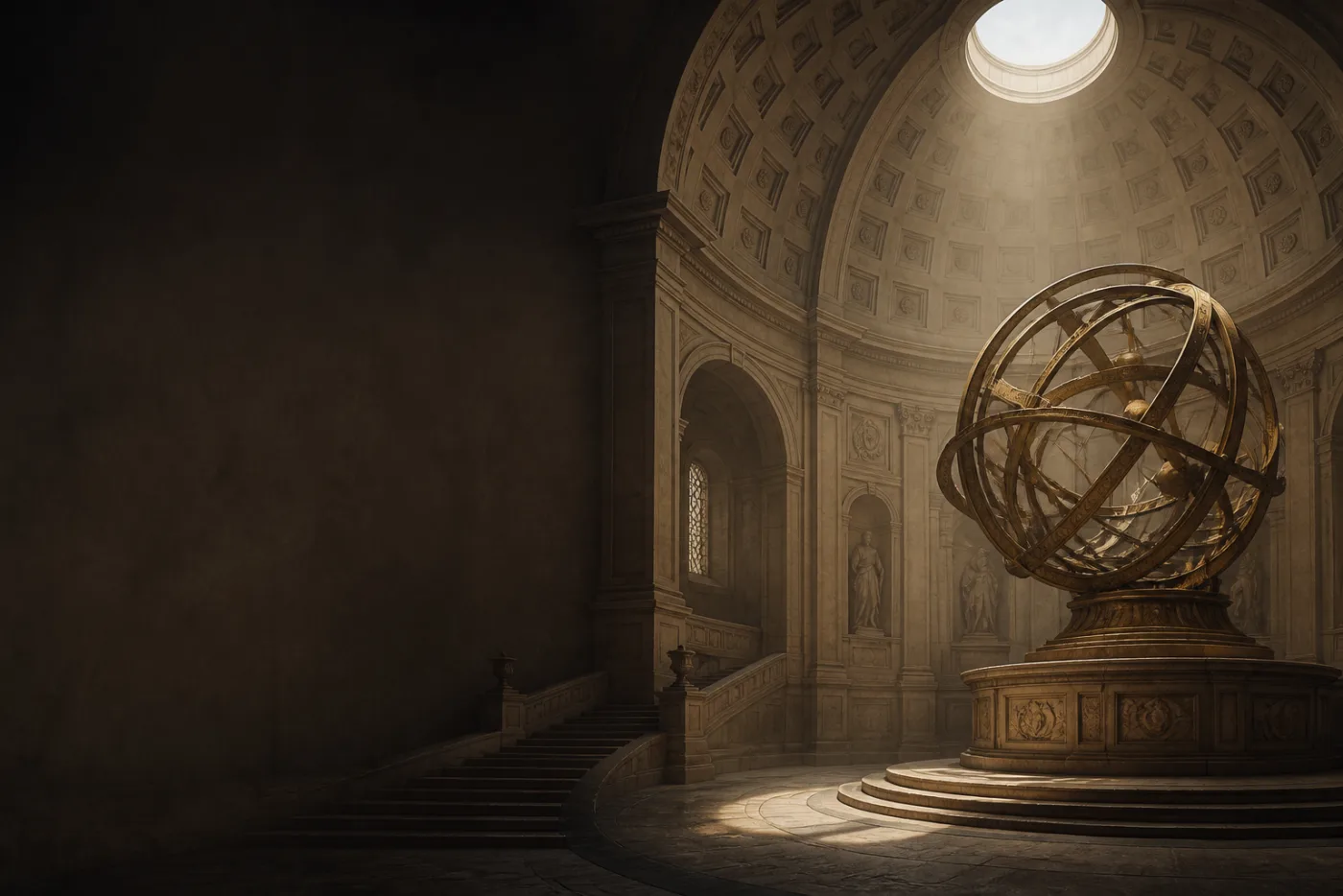 A brass armillary sphere in a domed observatory